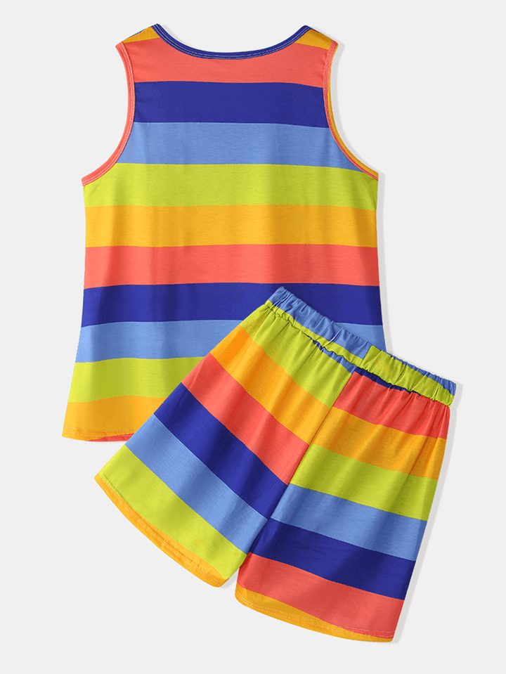Plus Size Women Colorful Striped Sleeveless Tank Tops Pocket Shorts Comfy Pajama Set - MRSLM
