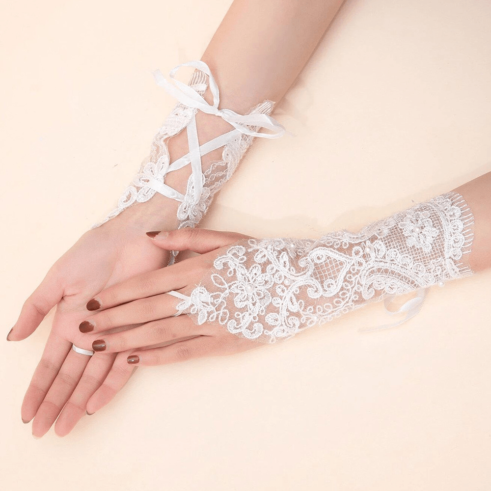 Women Dacron Flowers Bandage Decorative Lace Gloves Fashion Breathable Sunshade Fingerless Gloves Sun Protection Sleeves - MRSLM