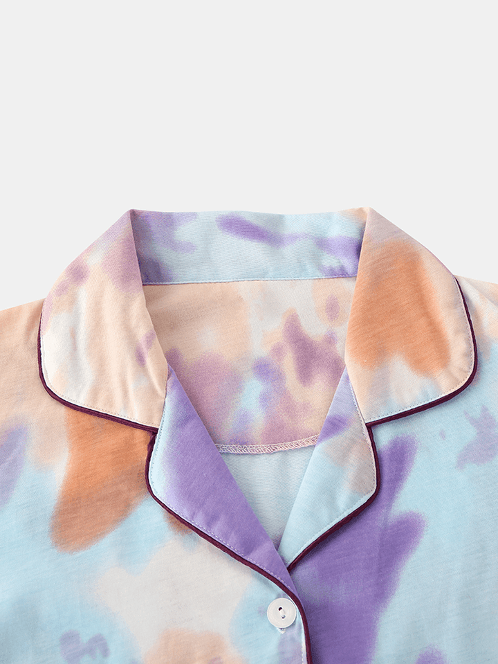 Women Tie Dye Button up Pocket Revere Collar Short Sleeve Home Pajama Set - MRSLM