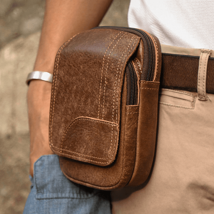 Men Genuine Leather Large Capacity Waist Bag Multifunctional Outdoor Retro 6.3 Inch Phone Bag - MRSLM