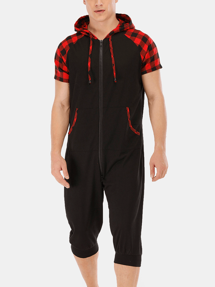 Mens Casual Cotton Hooded Plaid Style Short Sleeve Home Jumpsuit - MRSLM