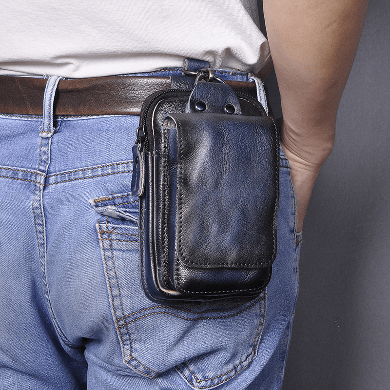 Men Retro Double Layer 6.3 Inch Phone Bag Waist Bag Matte Soft First Layer Cowhide Belt Bag - MRSLM