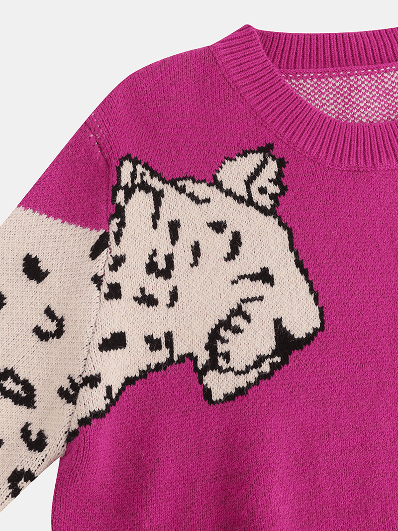 Women Leopard Print round Neck Long Sleeve Sweaters - MRSLM
