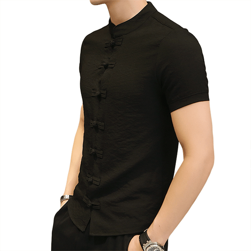 Chinese Knot Buckle Vintage Chic Mandarin Collar Short Sleeve Pure Color Shirts for Men - MRSLM