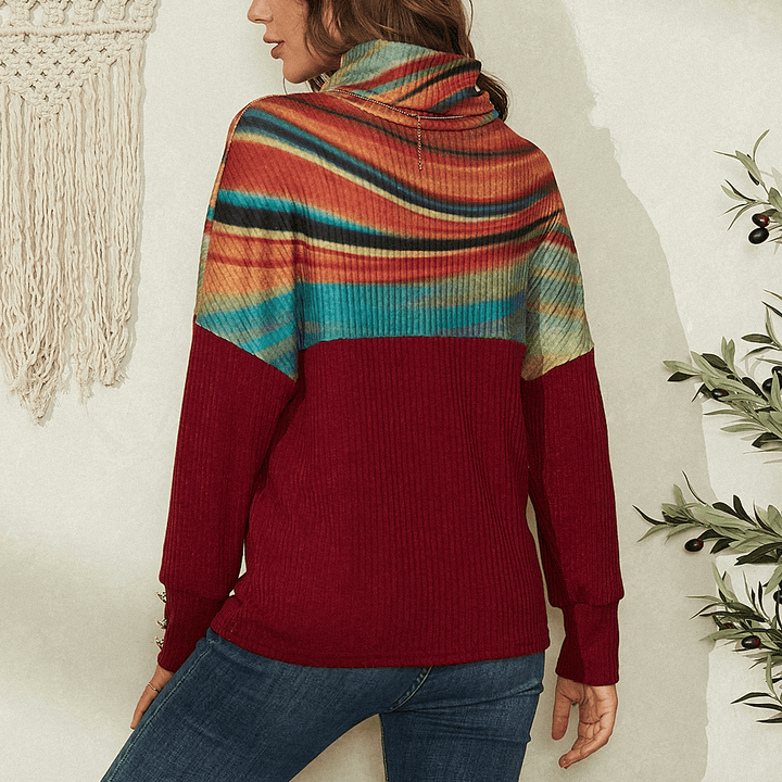 Women Rainbow Striped Print Patchwork Turtleneck Ribbed Sweater - MRSLM