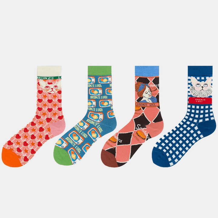 Unisex Japan Style Creative Illustration Patchwork Color Cute Couple Tube Socks - MRSLM