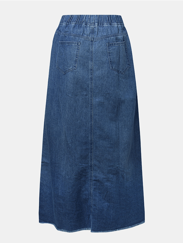 Women Distressed Solid Color Elastic Waist Loose Denim Skirt with Pocket - MRSLM