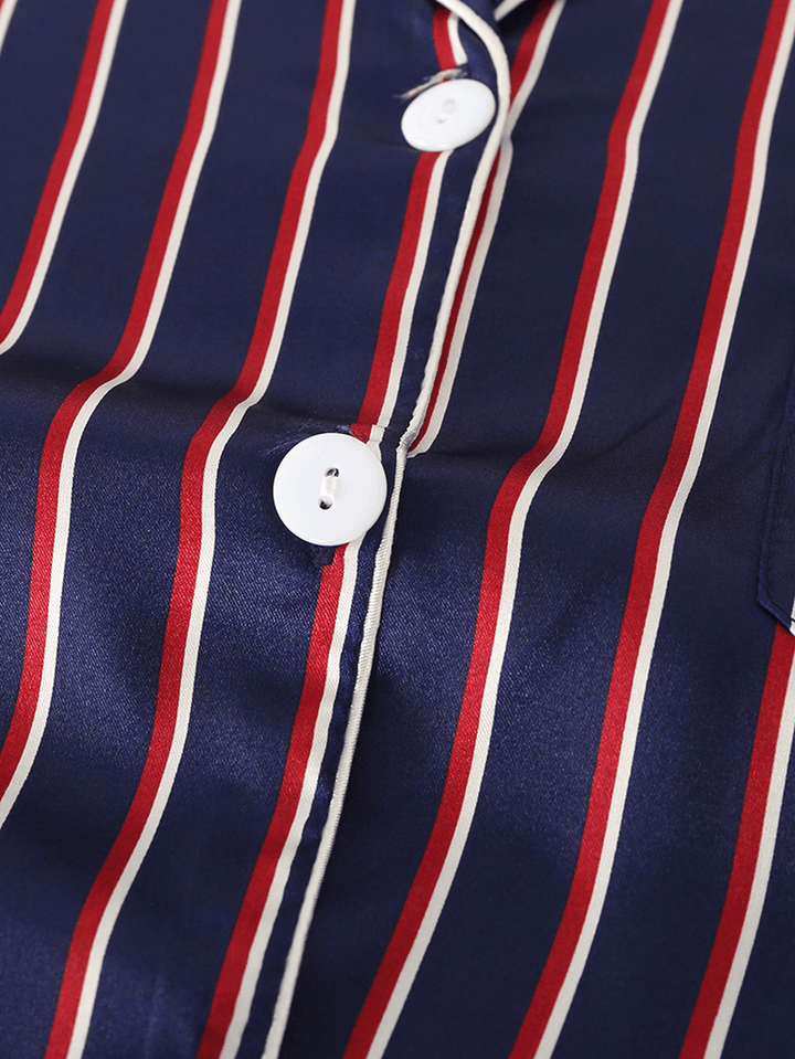 Stripe Camp Collar Pocket Long Sleeve Elastic Waist Faux Silk Home Pajama Sets for Women - MRSLM