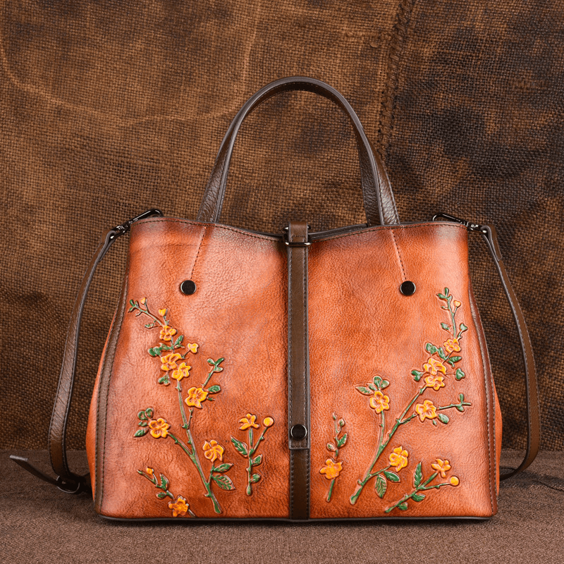 Women Floral Pattern Embossed Vegetable Tannedleather Crossbody Bags Retro Large Capacity Genuine Leather Shoulder Bag Handbag - MRSLM