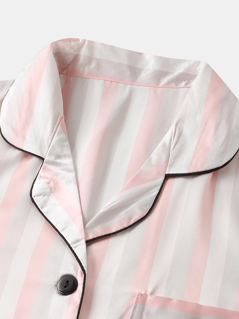 Women Colorful Striped Button up Revere Collar Pocket Home Ice Silk Pajama Set - MRSLM