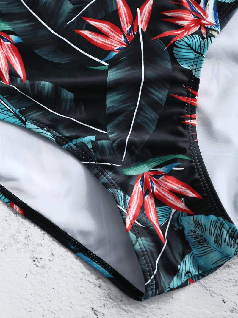 Black V-Neck Backless Flora Criss Cross Ruffled Trim Swimwear - MRSLM