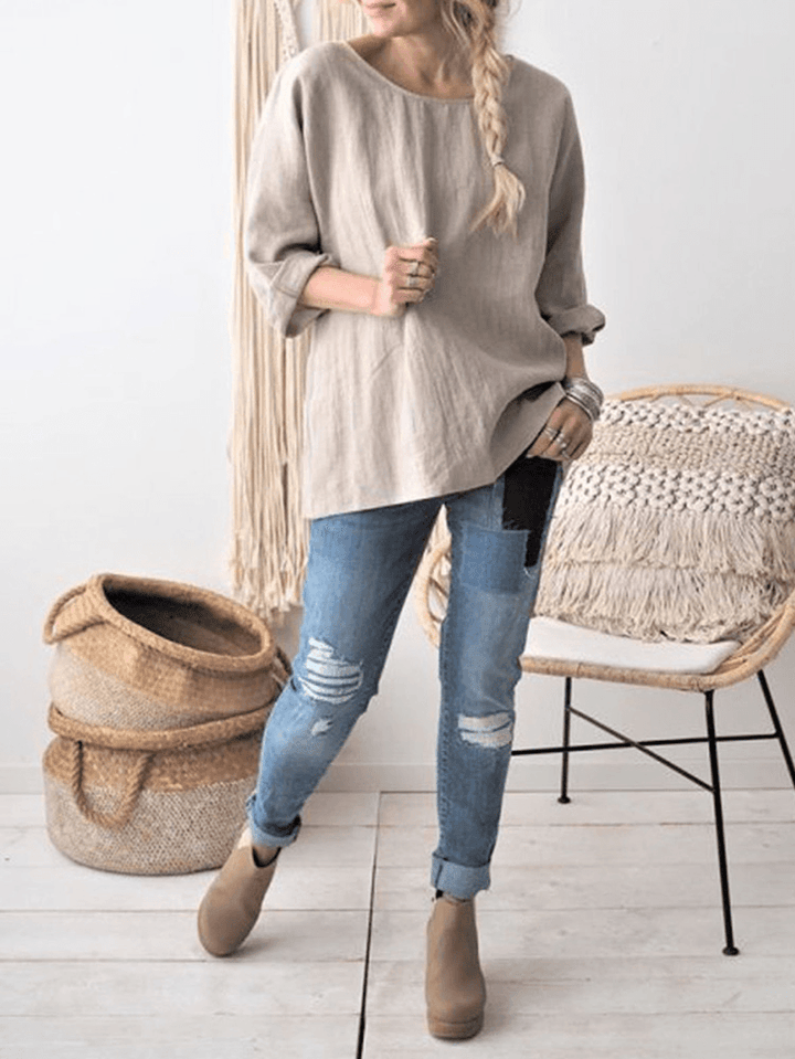 Women round Neck Long Sleeve Solid Color Cotton Blouse - MRSLM