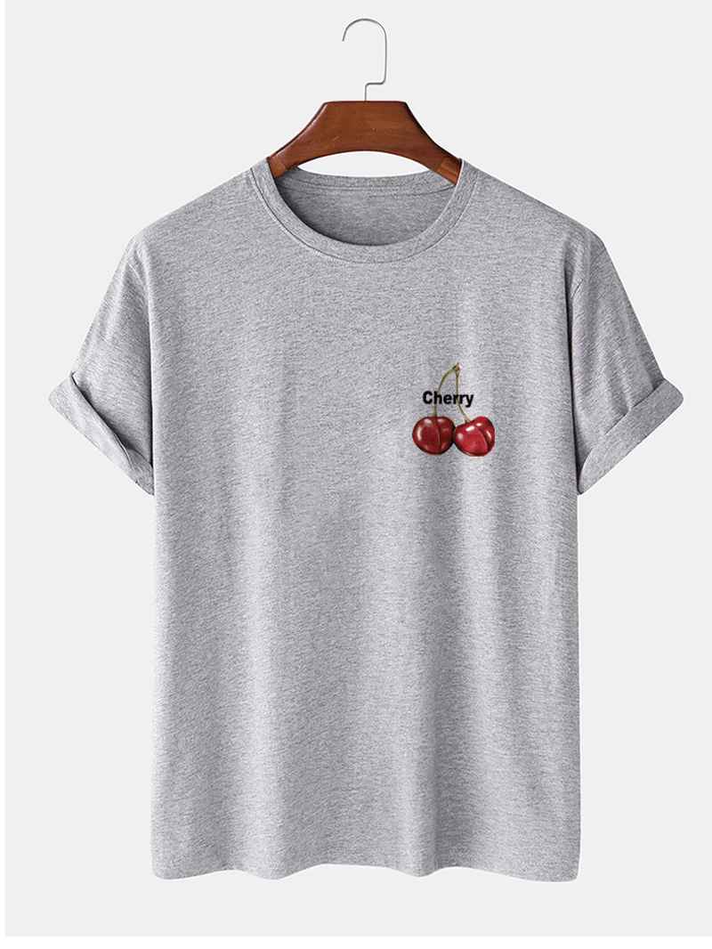 Mens 100% Cotton Cherry Pattern Letter Print Short Sleeve T-Shirts - MRSLM