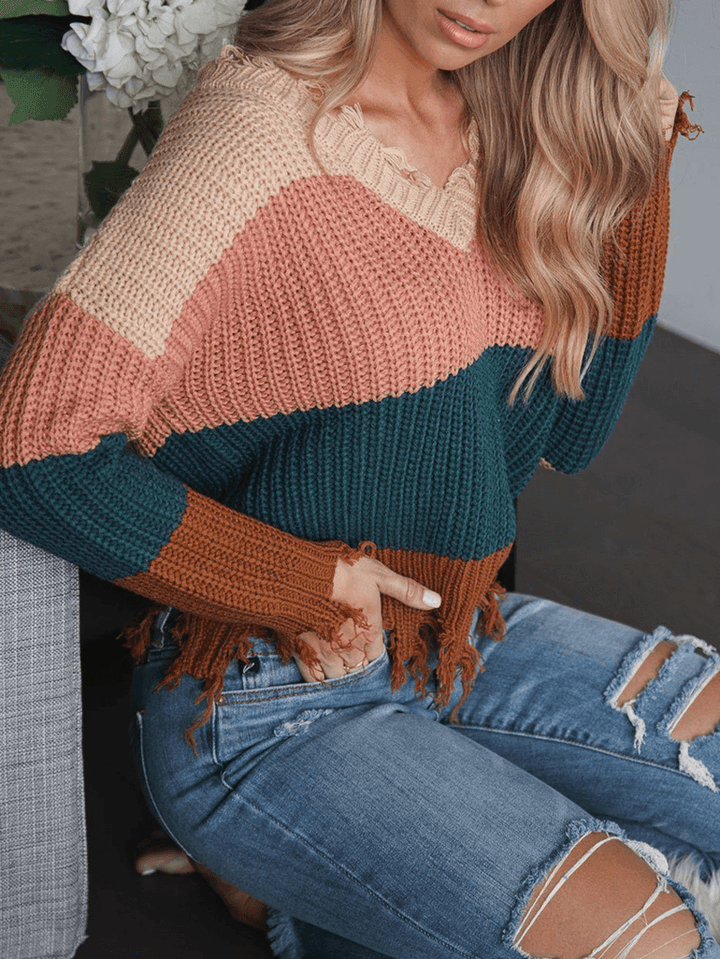 Contrast Color Stripe Print Backless Design Raw Hem Knitted Sweater - MRSLM