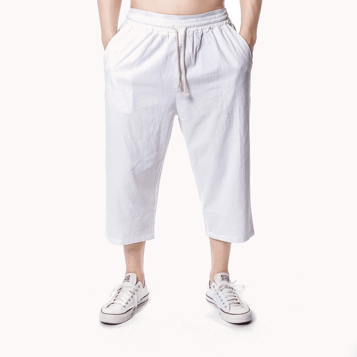 Mens Linen Solid Color Drawstring Casual Pants - MRSLM