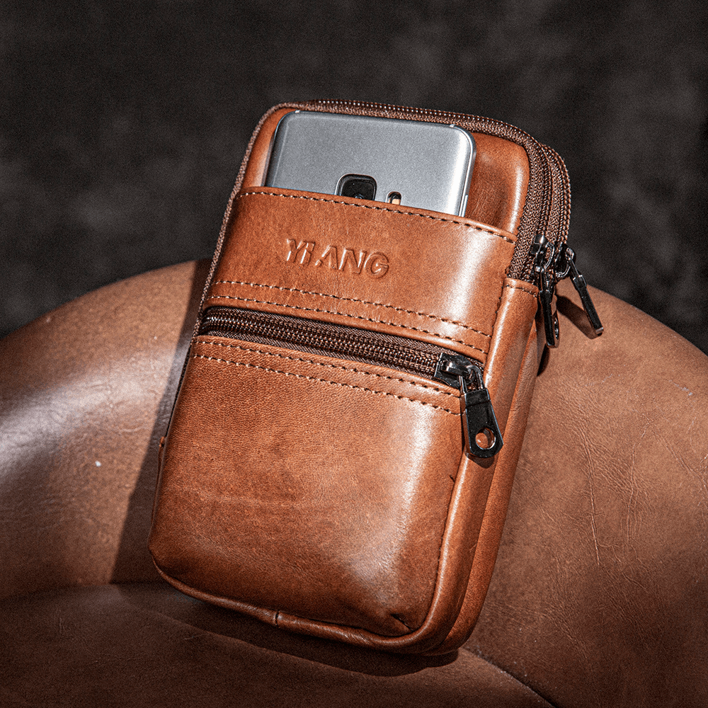 Men Genuine Leather Multi-Pocket Casual Waist Bag 6.3 Inch Phone Bag EDC Bag - MRSLM
