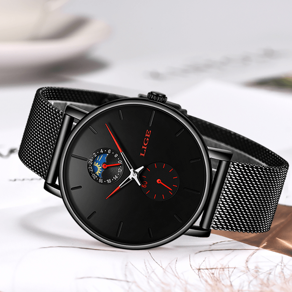 LIGE 9955 Moon Phase Date Display Ladies Wrist Watch Waterproof Full Steel Quartz Watch - MRSLM