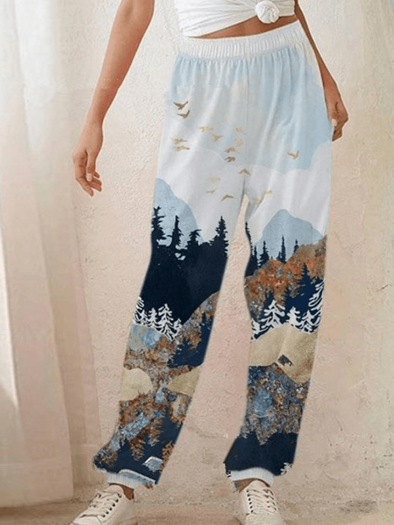 Women Casual Landscape Print Elastic Mid Waist Loose Harm Pants - MRSLM