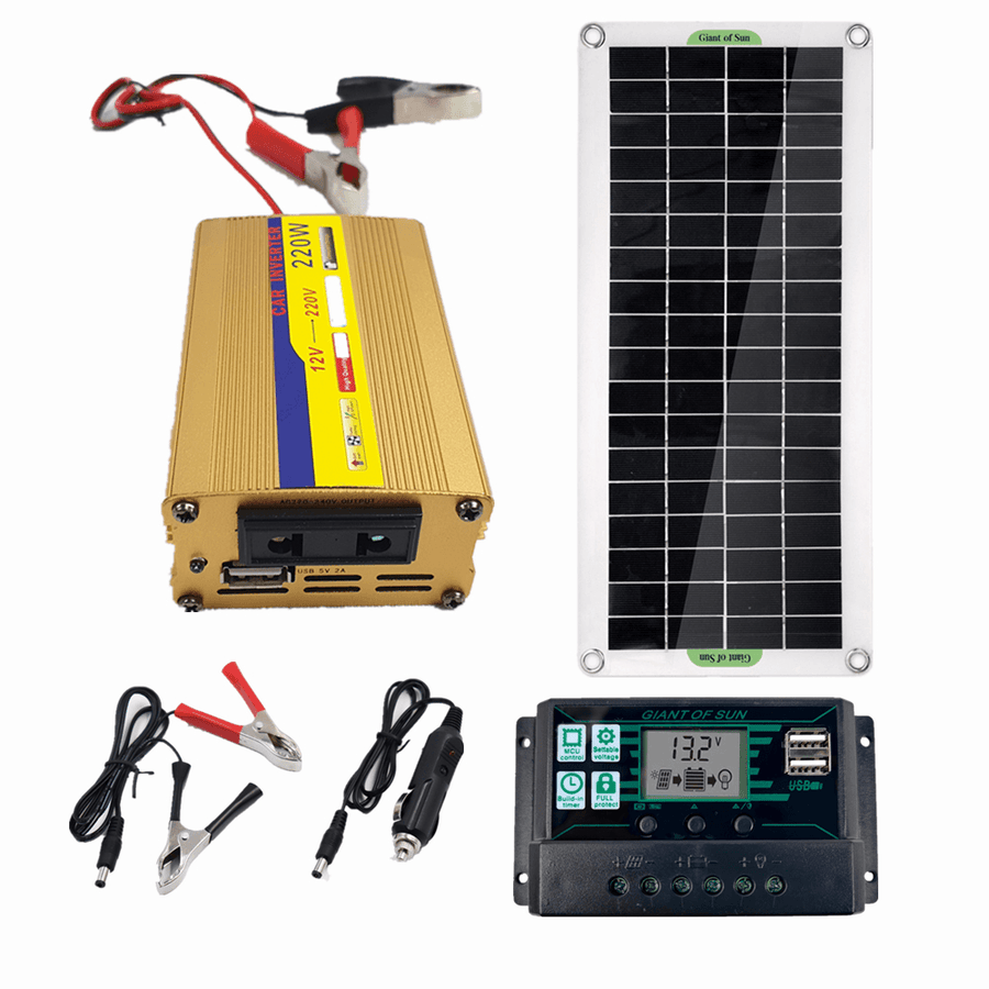 LEORY 220V Solar Power System 30W Solar Panel Battery Charger 220W Inverter USB Kit Complete Controller Home Grid Camp Phone PAD - MRSLM