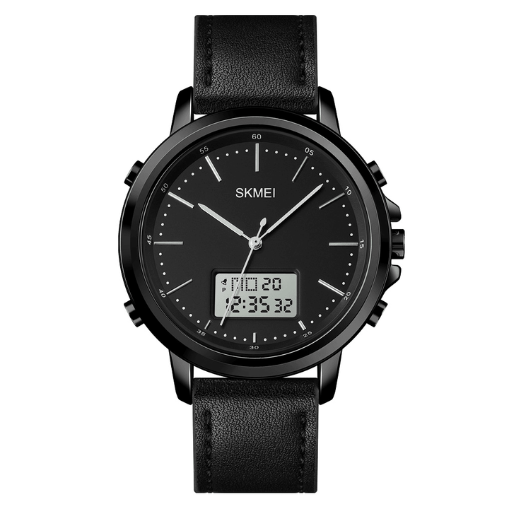 SKMEI 1652 Leather Alarm Stopwatch Sport Watch Luminous Display Men Waterproof Dual Display Digital Watch - MRSLM