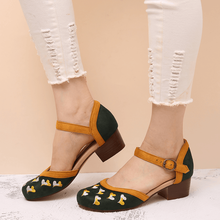 LOSTISY Women Embroidery round Toe Ankle Strap Comfy Casual Heels Pumps - MRSLM