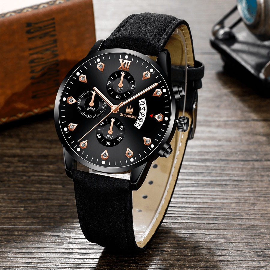 Khorasan Fashion Business Decorated Pointer with Calendar Dial PU Leather Band Men Quartz Watch Wristband - MRSLM
