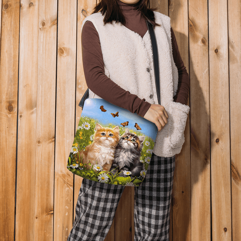 Women Felt Country Style Cartoon Cats Print Personality Crossbody Bag Shoulder Bag - MRSLM