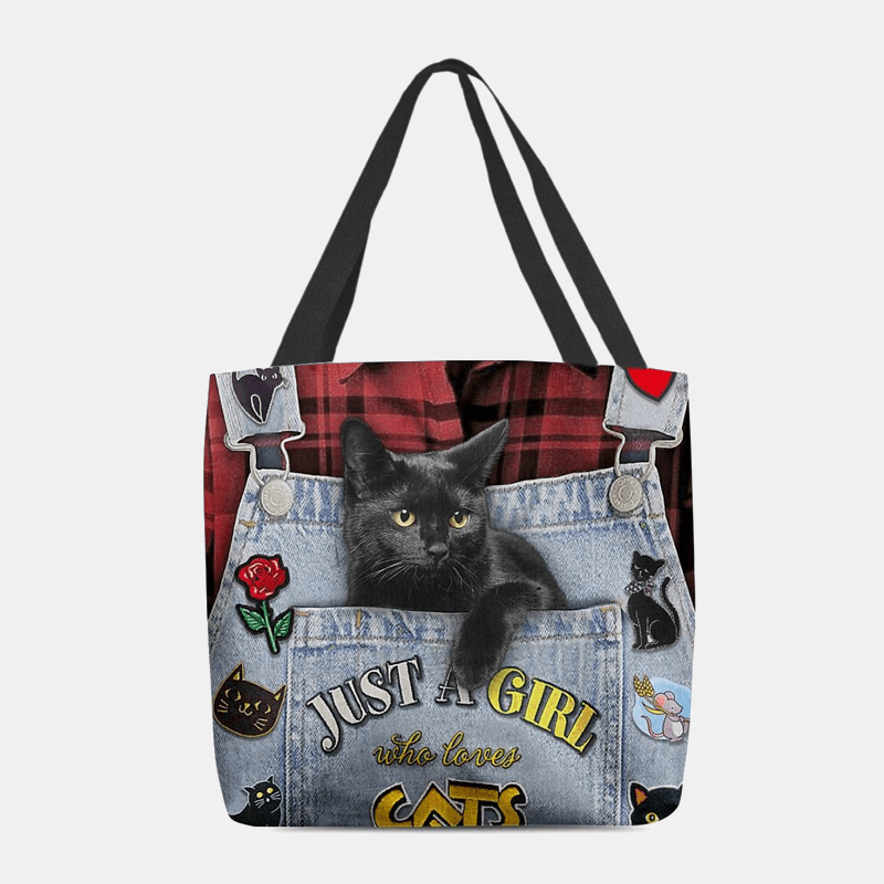 Women Canvas Three-Dimensional 3D Cute Black Cat Handbag Tote Shoulder Bag - MRSLM