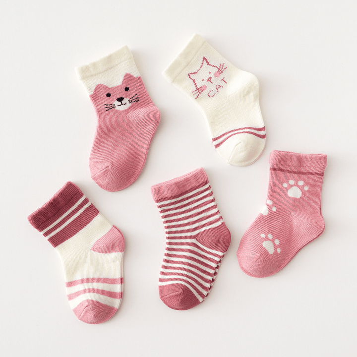 5 Pairs of Children Four Seasons Tube Socks Pink Cat - MRSLM