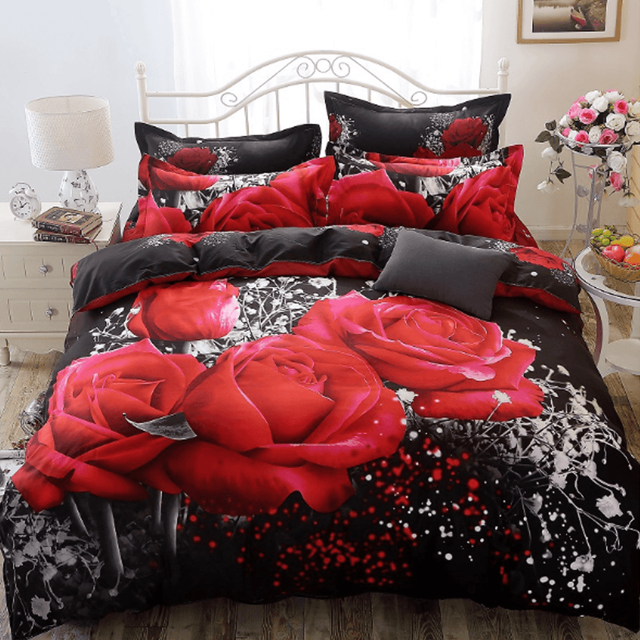 3D Printed Bedding Sets Bedclothes Red Rose Bed Sheet Cover with 2 Pillowcases - MRSLM