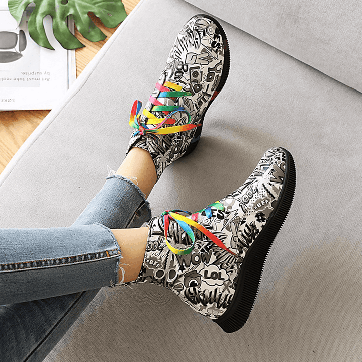 Women Casual Letter Graffiti Printing Multicolor Lace up Short Combat Boots - MRSLM