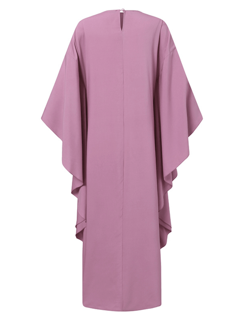 Women Long Sleeve Lace Patchwork Bat Sleeve Kaftan Tunic Solid Color Pleats Midi Dresses - MRSLM
