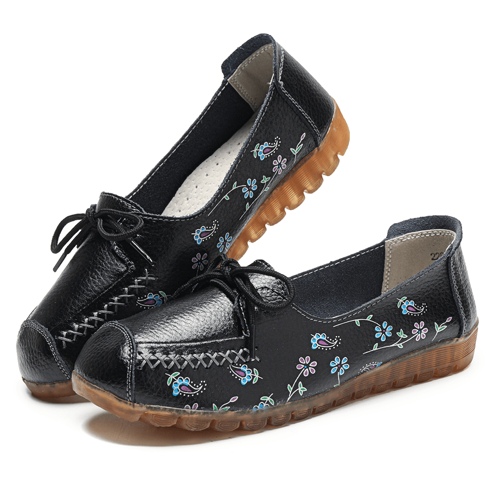Women Bowknot Flowers Printing Comfy Non Slip Soft Sole Casual Leather Loafers - MRSLM