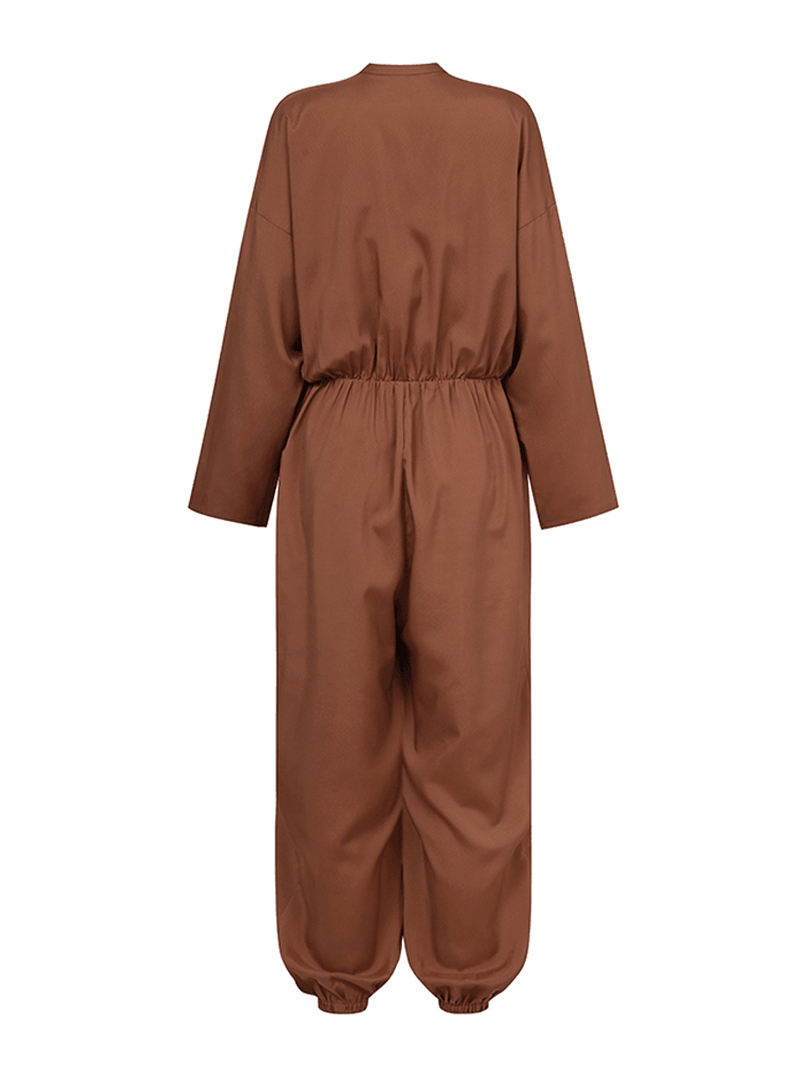 Women Zip Front Long Sleeve Beam Feet Cargo Solid Color Jumpsuits with Pocket - MRSLM