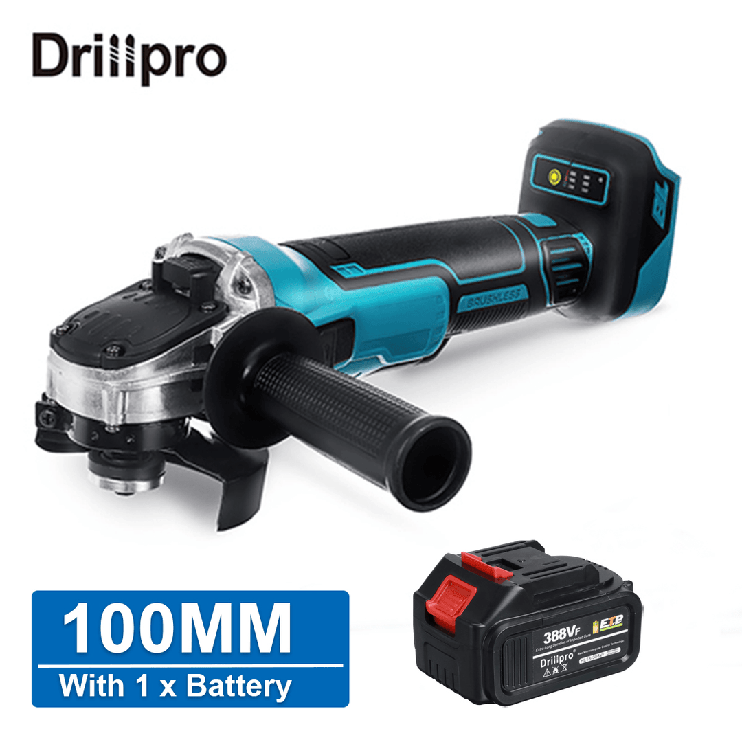 Drillpro 388VF 100Mm/125Mm Brushless Angle Grinder Rechargeable Electric Cutting Grinding Tool W/ 1/2 Battery - MRSLM