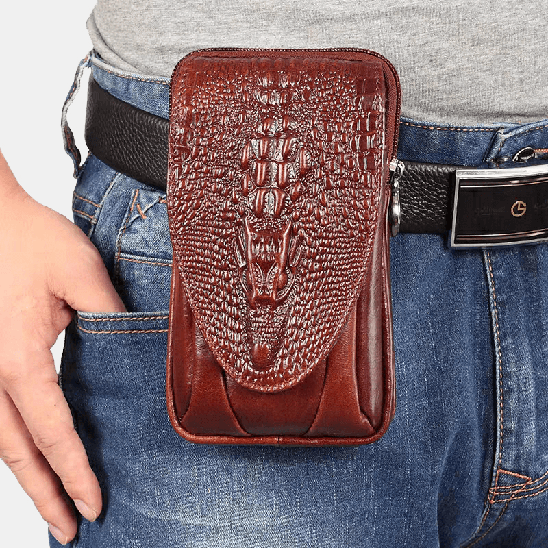 Men EDC Genuine Leather Retro 5.5 6.5 Inch Phone Holder Waist Belt Bag - MRSLM