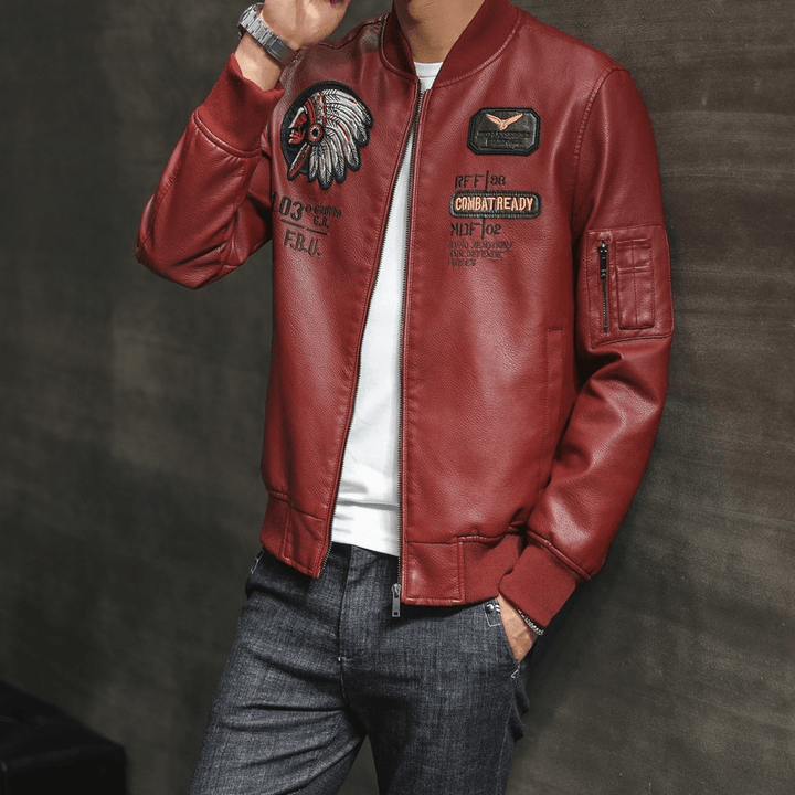 Men'S PU Leather Baseball Collar Embroidered Motorcycle Jacket - MRSLM