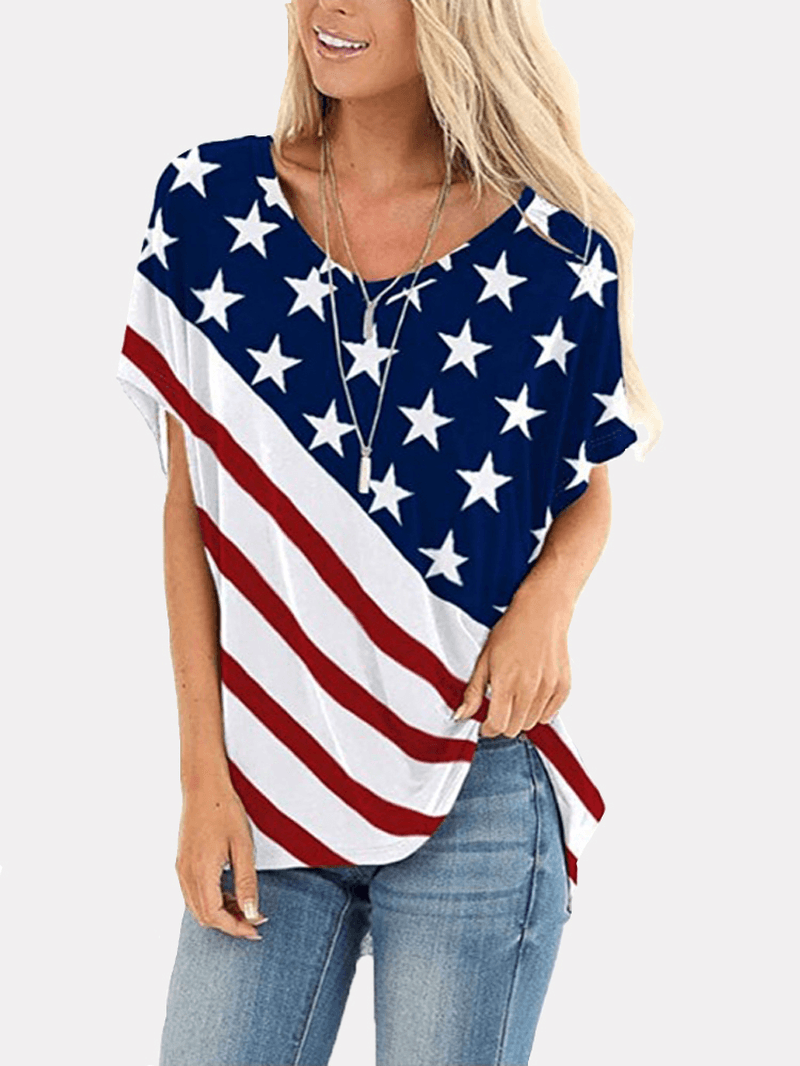 American Flag Star Print Independence Day Crew Neck Women Casual T-Shirts for Women - MRSLM