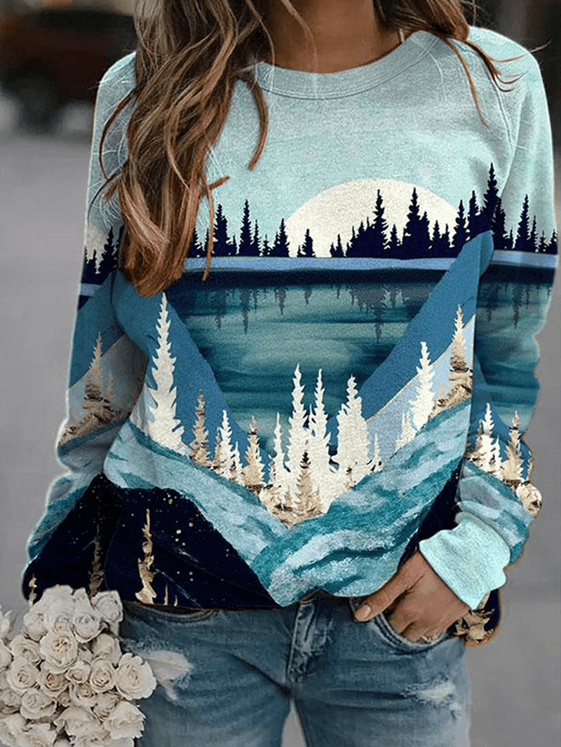 Women Landscape Print round Neck Raglan Sleeve Casual Sweatshirts - MRSLM