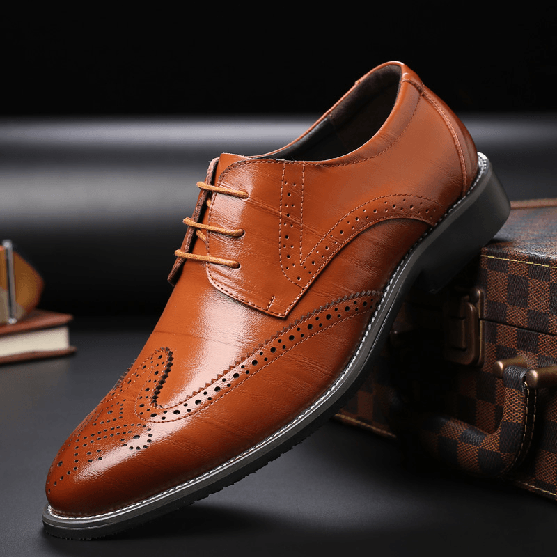 Men Brief Cowhide Lace-Up Pointed Toe Business Dress Shoes - MRSLM