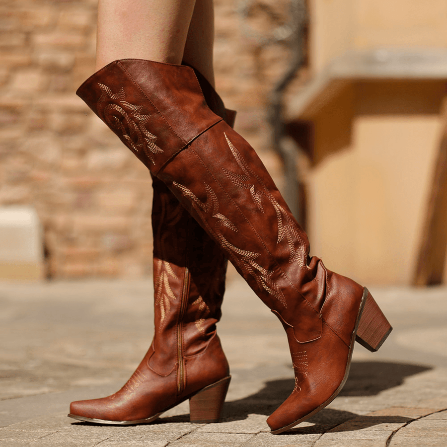 Women Large Size Tribal Pattern Retro Warm Knee High Riding Boots - MRSLM