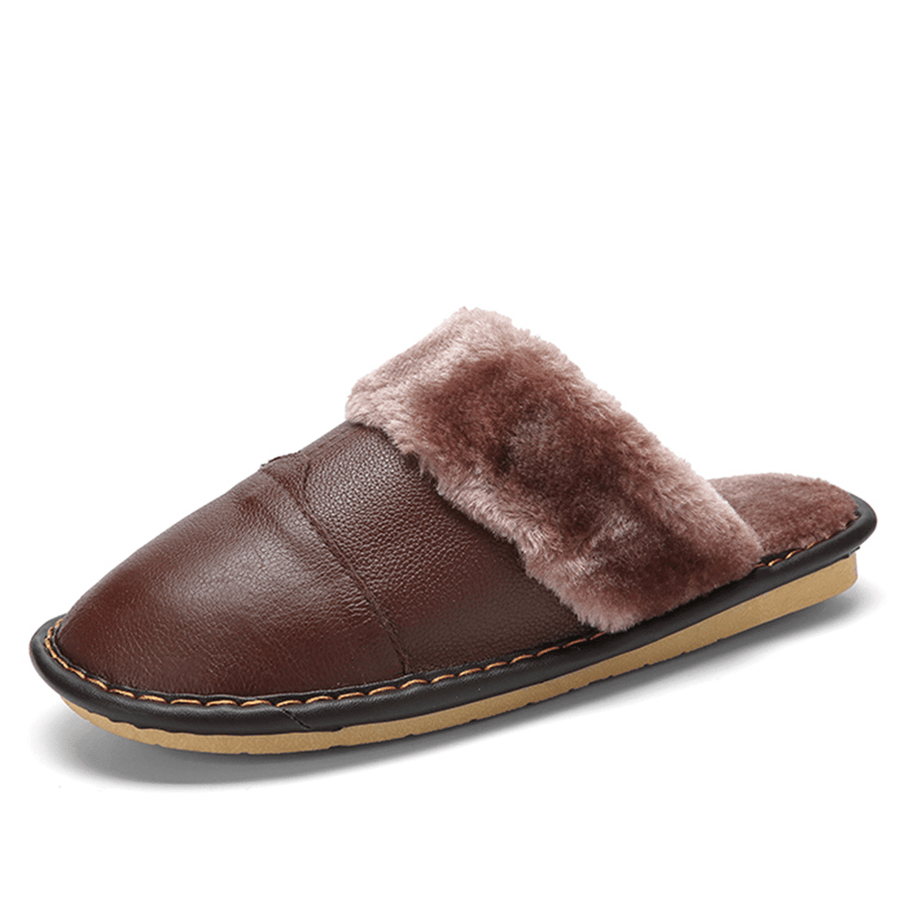 Men First Layer Cowhide Non-Slip Warmeh round Toe Slip-On Comfy Cotton Slippers - MRSLM