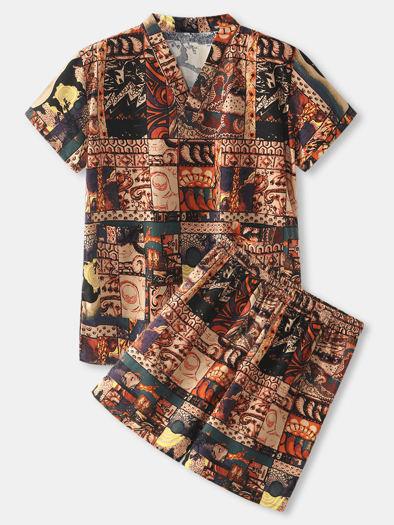 Mens Abstract Print V-Neck Short Sleeve Top Home Pajamas Sauna Sweating Suit - MRSLM