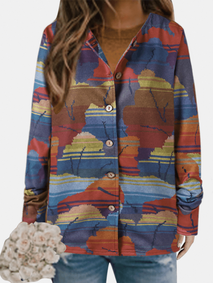 Women All over Abstract Print Button up O-Neck Casual Coats - MRSLM