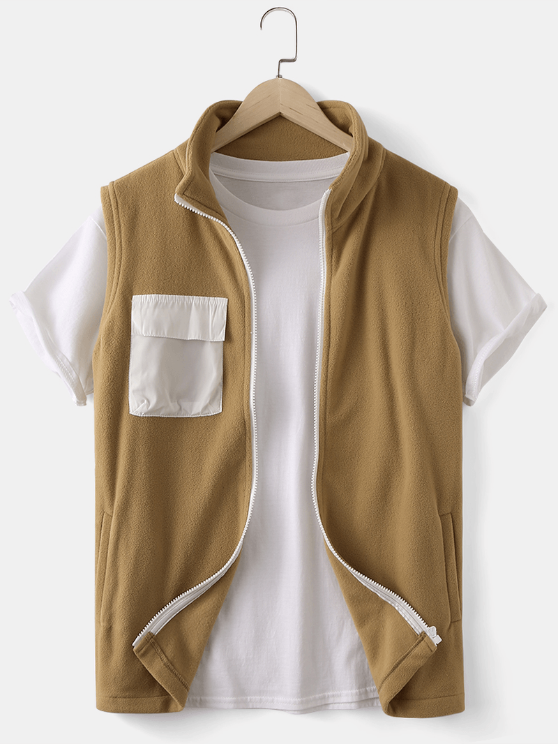 Mens Solid Color Zipper Sleeveless Casual Vest with Patchwork Pocket - MRSLM