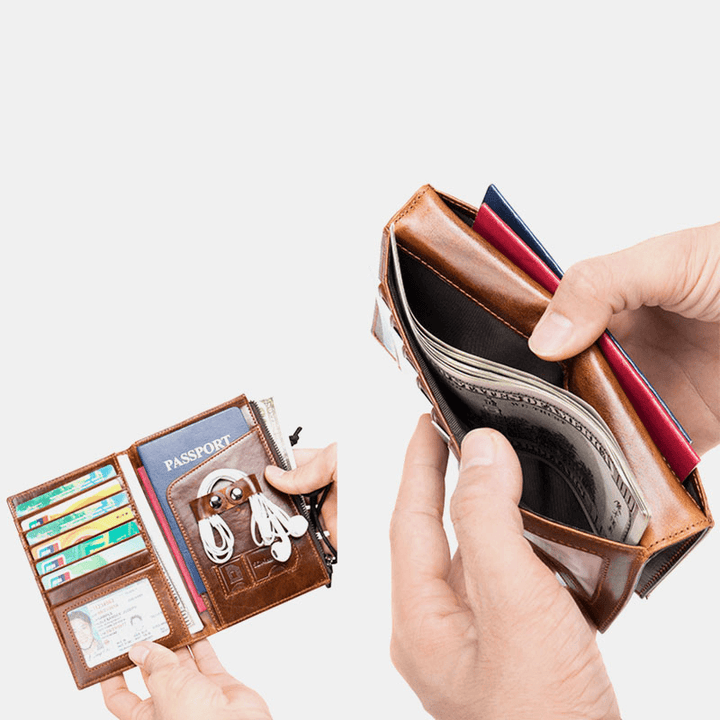 Men RFID Genuine Leather Blocking Anti-Theft Passport Envelope Wallet Multi-Card Wallet - MRSLM