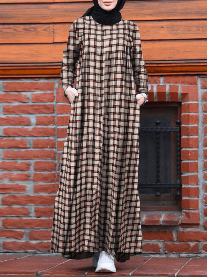 Women Vintage Plaid round Neck Kaftan Casual Long Sleeve Maxi Dresses with Pocket - MRSLM