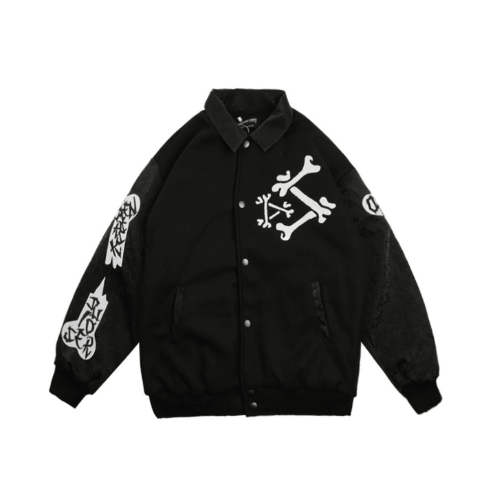 Skeleton Embroidery Jacket Coat Loose Lapel Stitching Baseball Uniform - MRSLM