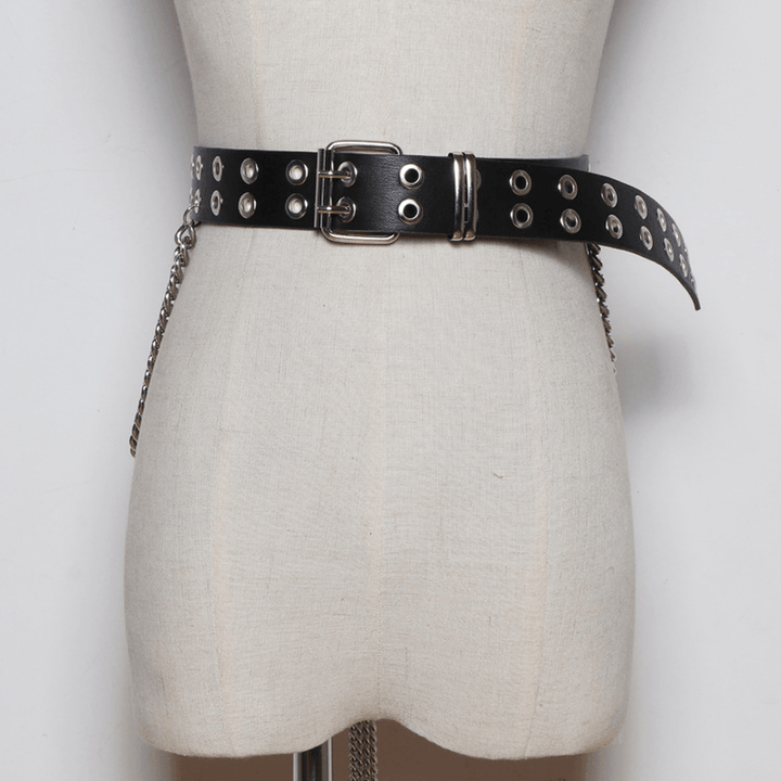 Fashion All-Match Black Belt Tassel Chain Double Row Perforated Hundred Matching Waist Seal - MRSLM