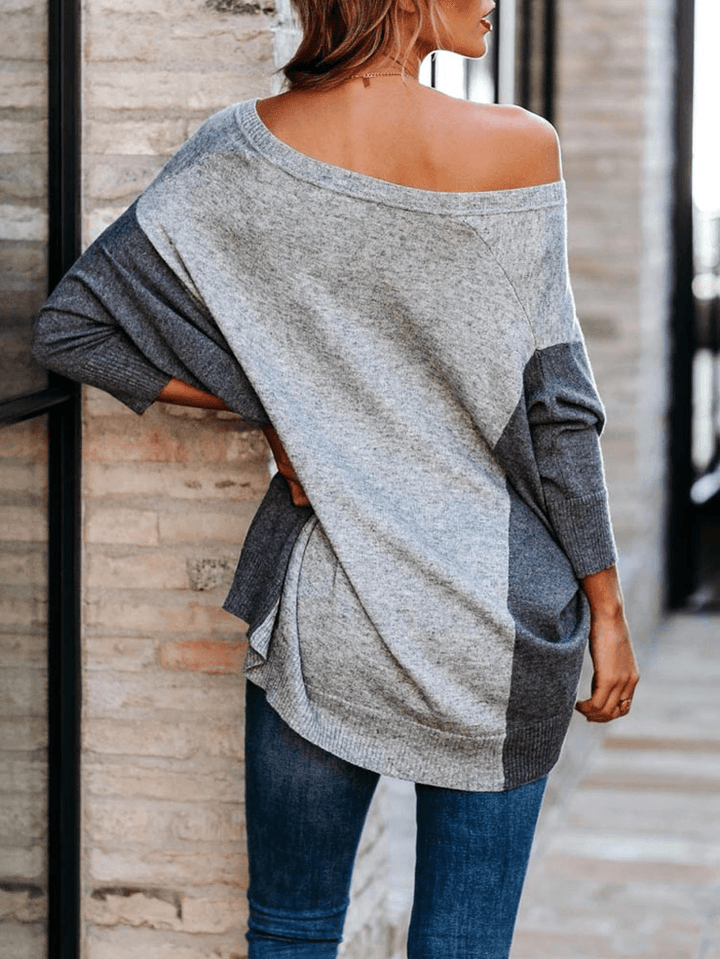 Women Patchwork Colorblock Drop Sleeve V-Neck Loose Daily Sweater - MRSLM